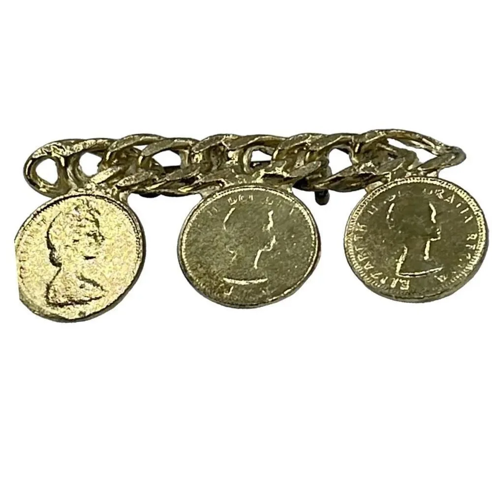 Vintage chain link  Elizabeth II faux coin brooch.